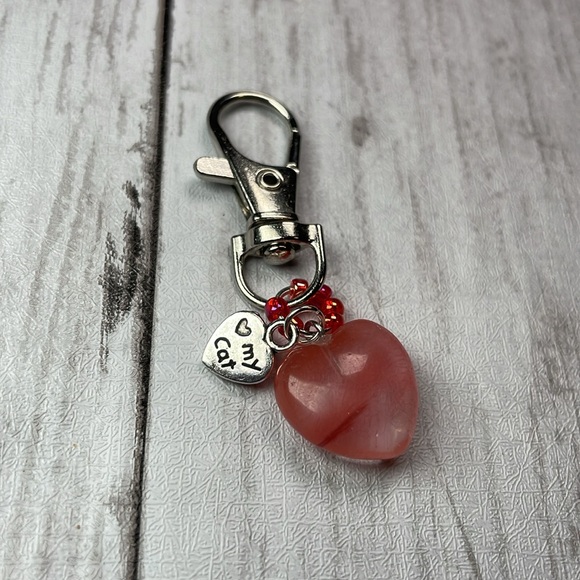 Natural Strawberry Quartz Crystal Charm With Love My Cat Charm Keychain - Picture 9 of 15